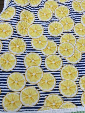 Lemon and stripes back or picnic blanket handmade quilt 38 x 30 sturdy thick